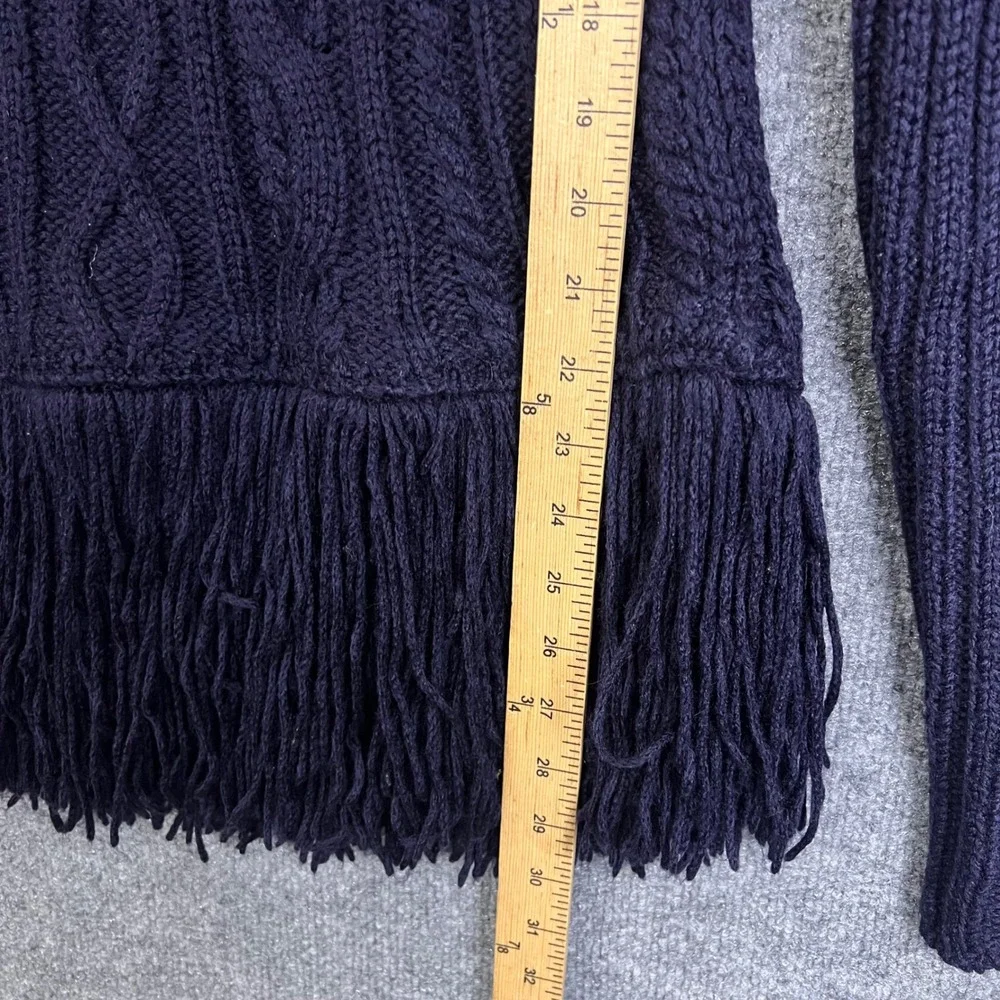 Tory Burch $425 Cable Knit WOOL Fringe Sweater S Blue Excellent Trim Crewneck